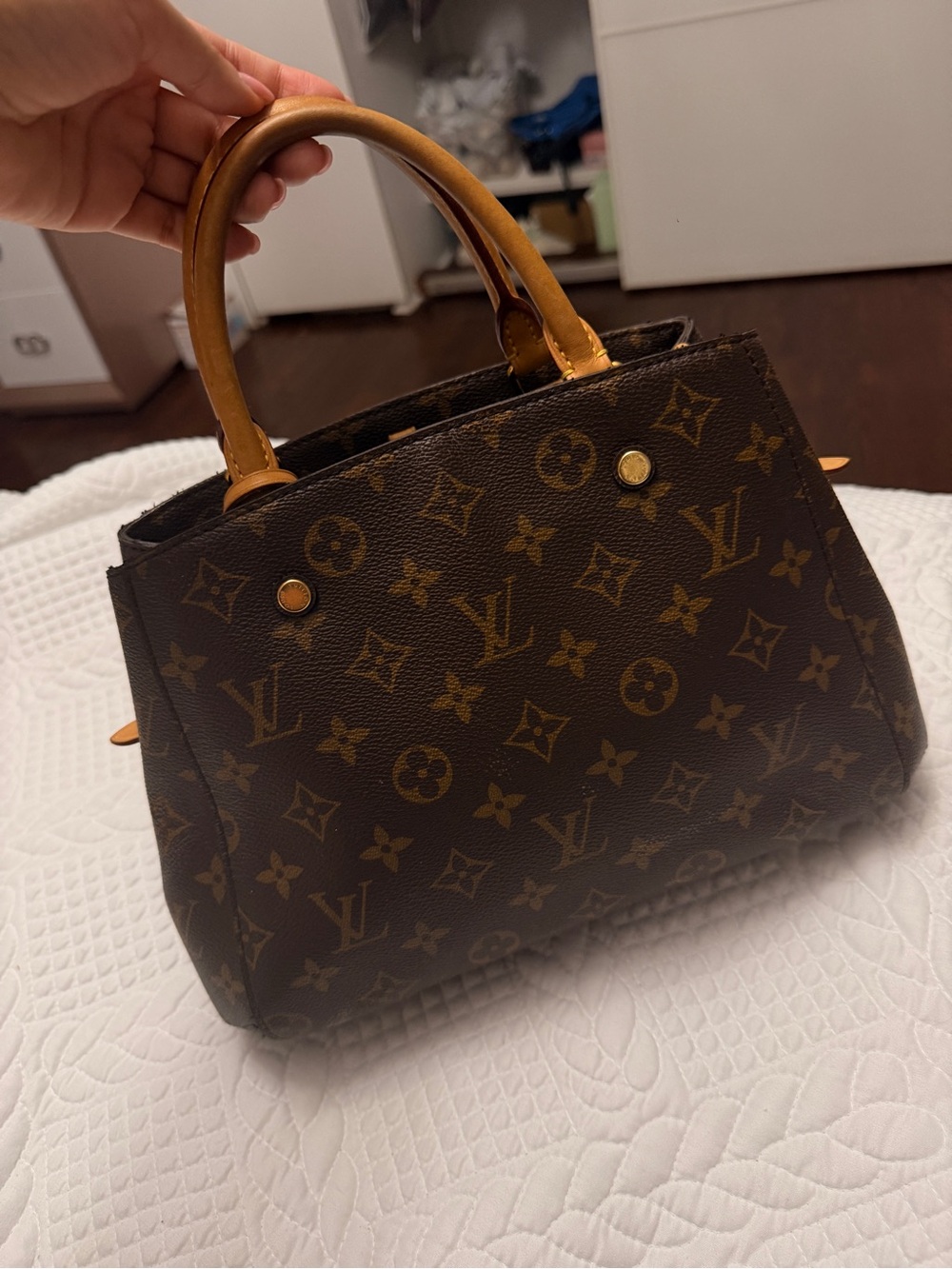 Louis Vuitton Brown Monogram Satchel with Tan Handles